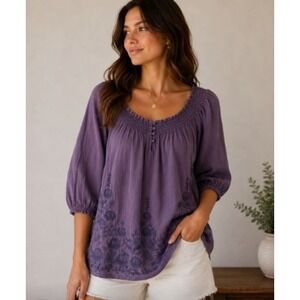 Purple Silk Peasant Top  Sz  L Purple Floral Embroidered Boho Cottage Fairy